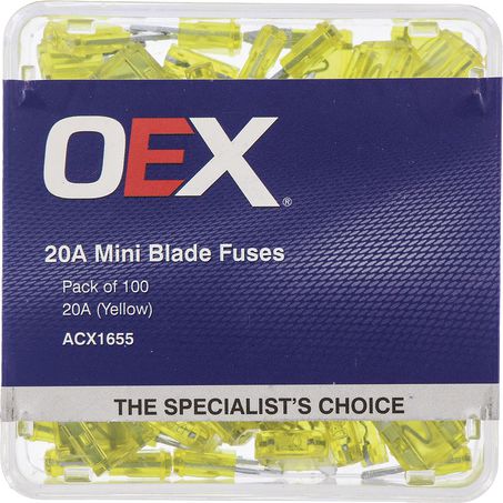 ACX1655 - OEX Mini Blade Fuse, 20a Yellow - Pack Of 100
