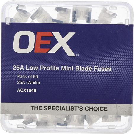 OEX ACX1646 Low Profile Mini Blade Fuse – 25A White – Pack of 50