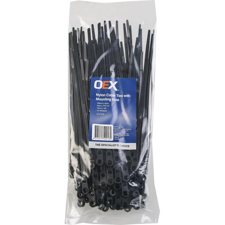 ACX1318 - OEX Black Nylon Cable Ties - 4.8mm X 200mm, With Mounting Hole - Pack Of 100
