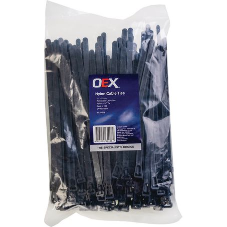 ACX1328 - OEX Black Nylon Cable Ties - 7.6mm X 200mm, Releasable - Pack Of 100
