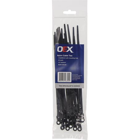 ACX1318-25 - OEX Black Nylon Cable Ties - 4.8mm X 200mm, With Mounting Hole - Pack Of 25